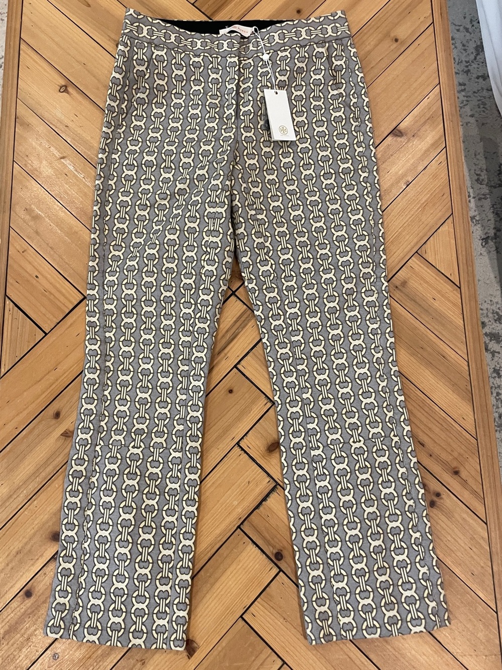 NWT Tory Burch Yellow & Brown Gemini Link Jacquard Pants - Size 00